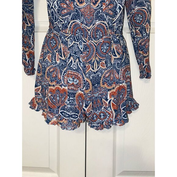 Bohemian Long Sleeve Paisley Print Romper With Ruffle Hem & Elastic Waist - Picture 4 of 5